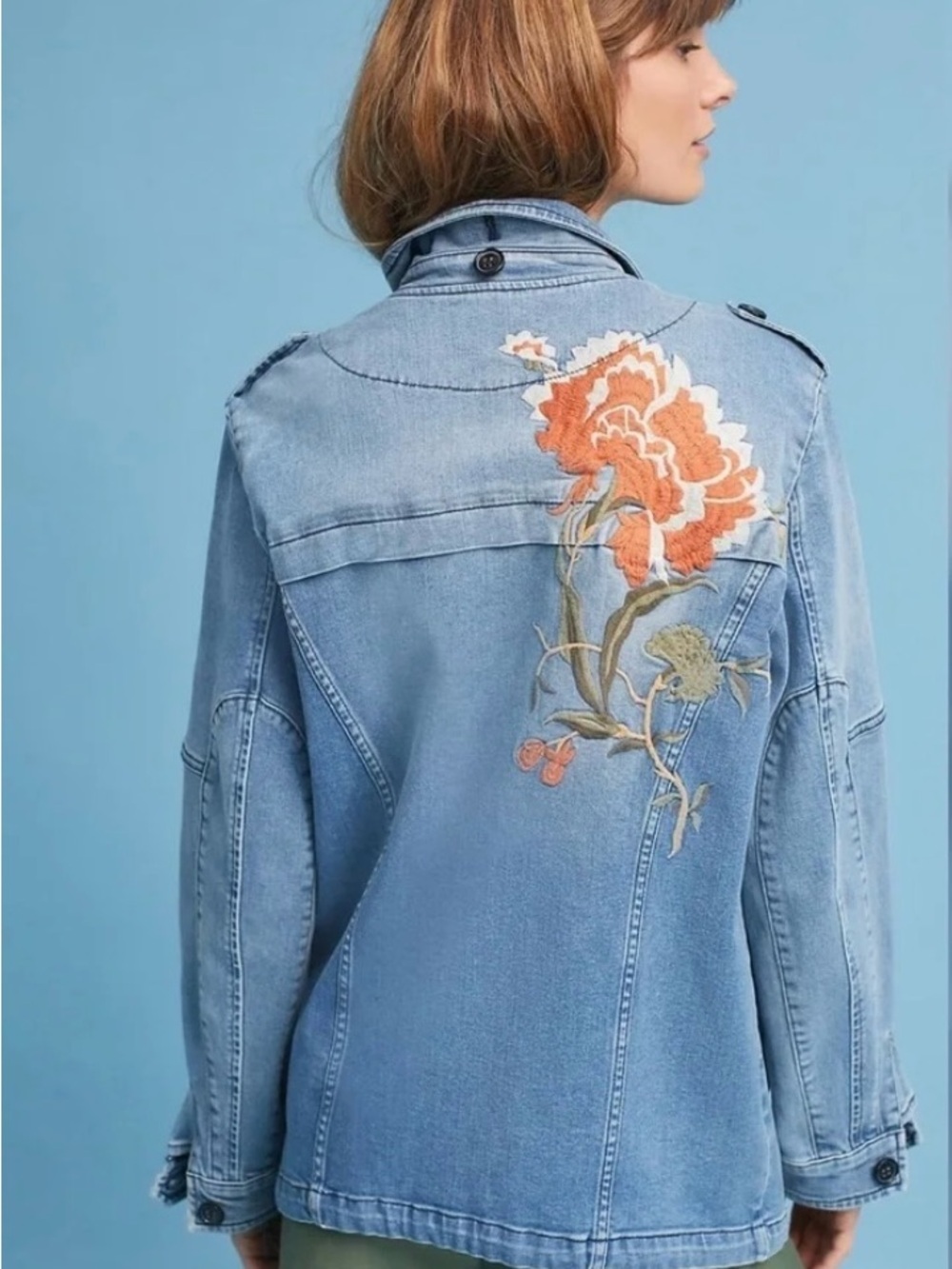 Pilcro Light Blue 100% Cotton Denim Jacket with Orange Floral Embroidery - Picture 3 of 9